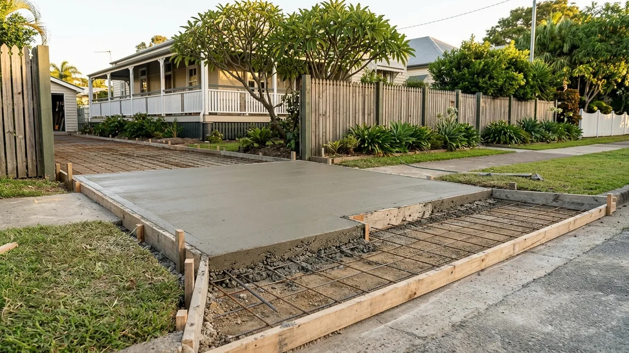 Brisbane concreting context shot for "How thick should a residential concrete driveway actually be?"