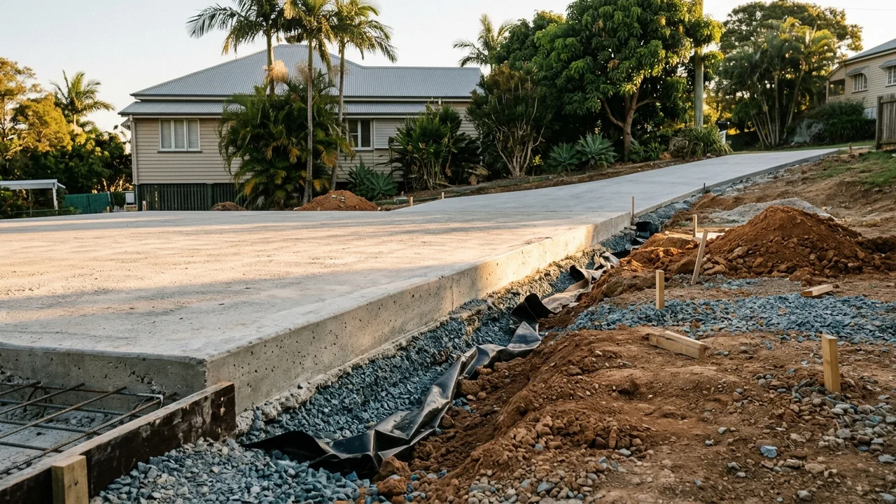 Here's a perspective from Brisbane’s Inner East, taken during the late afternoon in Bulimba, that shows how a slab's edge beams and thickness integrate with the underlying site prep.