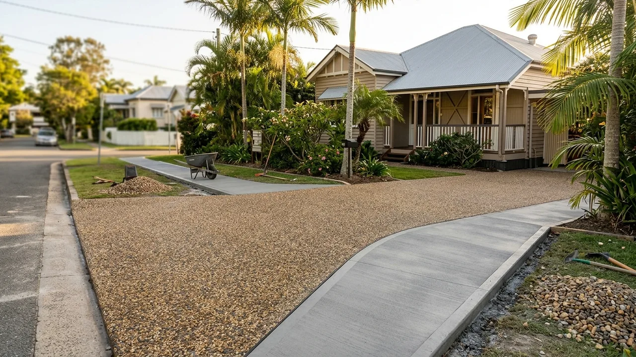 Brisbane concreting context shot for "Exposed Aggregate or Plain Concrete: Which Finish Suits Brisbane Homes?"