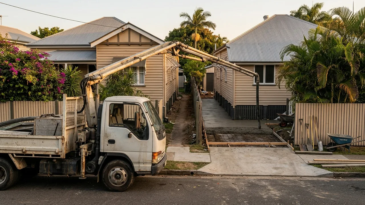 Brisbane concreting context shot for "How do concreters work on the narrow lots and tight side access common in the Inner East?"
